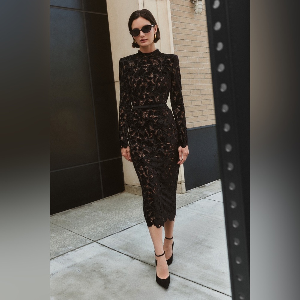 NADINE MERABI Diane Black Velvet Embroidered Midi Dress Sz XS (2) MSRP $545 NWT - Picture 2 of 12